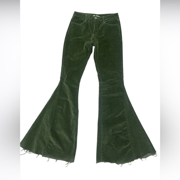 Saints & Hearts Womens Ultra Flare Corduroy Mid Rise Fringe Hem Jeans Army Green - Picture 2 of 8
